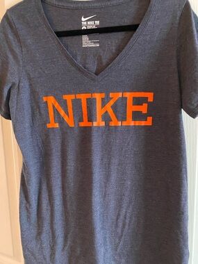 Nike distressed Blue V-Neck Tee with Bright Orange Logo